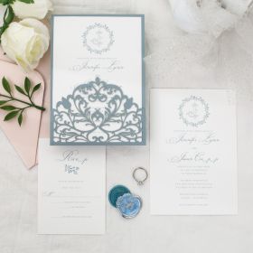 Modern Dusty Blue Monogram Laser Cut Panel Pocket Wedding Invitations Swwp001
