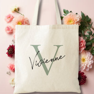 Modern Elegant Sage Green Personalized Monogram Tote Bag