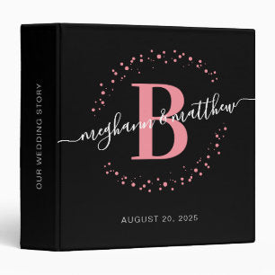 Modern Girly Pink Black Name Monogram Wedding 3 Ring Binder