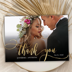 Modern Gold Script 2 Photo Wedding Thank You Card
