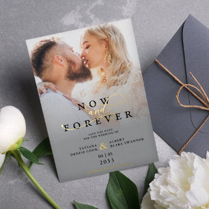 Modern Grey Gradient Elegant Photo Script Wedding Foil Invitation