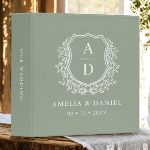 Modern Monogram Wedding Sage Green Crest 3 Ring Binder