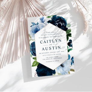 modern navy & light blue flowers wedding invitation