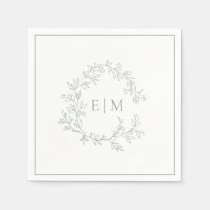 Modern Sage Green Leafy Crest Monogram Wedding Napkins