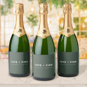 Modern Scandi Forest Green Minimal Wedding Sparkling Wine Label
