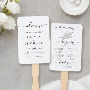 Modern simple elegant script wedding program hand fan