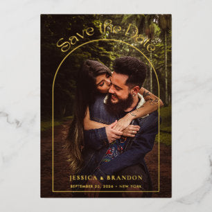 Modern Typography Gold Arch Photo Save the Date Foil Invitation