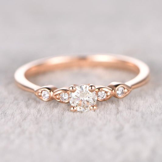 5mm Round Moissanite Engagement Ring Diamond Wedding Ring 14k Rose Gold Milgrain Antique Style