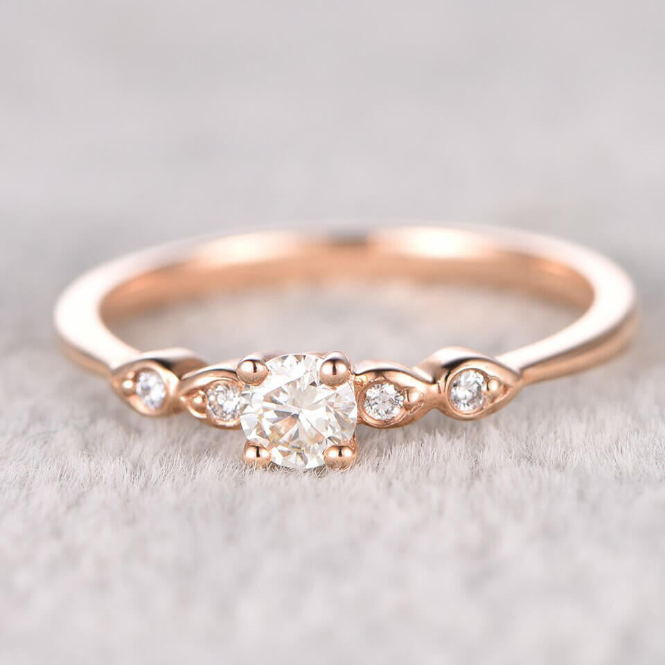 5mm Round Moissanite Engagement Ring Diamond Wedding Ring 14k Rose Gold Milgrain Antique Style