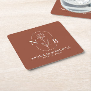 Monogram Boho Terracotta Burnt Orange Wedding Square Paper Coaster