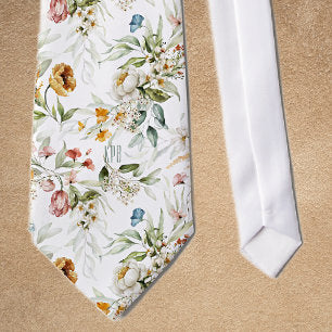 Monogram Colorful Floral Pattern on White Neck Tie