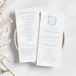 Monogram Crest Dusty Blue Wedding Program Card