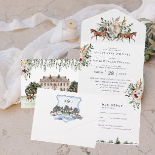 Monogram Equestrian English Manor Wedding All In One Invitation