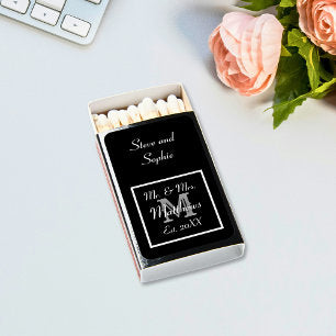 Monogram Minimal Black and White Wedding Matchboxes