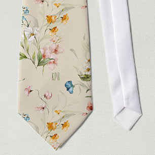 Monogram on Colorful Floral Still Life Art Beige Neck Tie