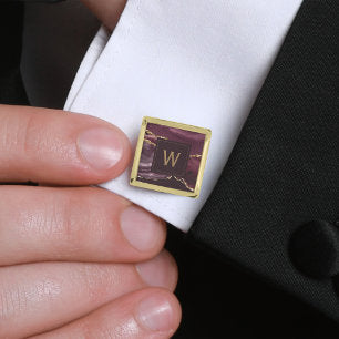 Monogrammed Burgundy Agate Gold Square Cufflinks
