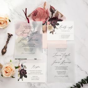 Moody Burgundy And Blush Floral Vellum Overlay Wedding Invitation Swvl020
