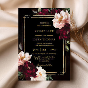 Moody Black Burgundy Blush Floral Peonies Wedding Invitation