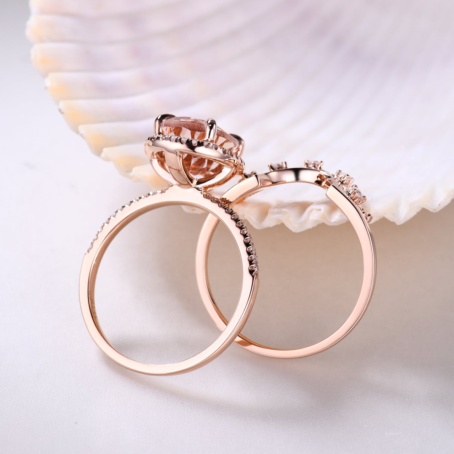 2pc Unique Oval Morganite and Diamond Bridal Ring Set Heart Crown Petite Thin