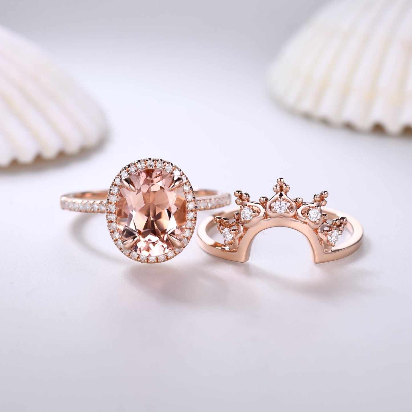 2pc Unique Oval Morganite and Diamond Bridal Ring Set Heart Crown Petite Thin