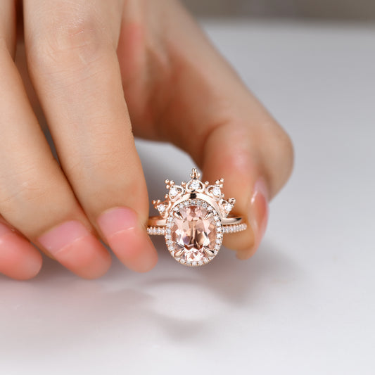 2pc Unique Oval Morganite and Diamond Bridal Ring Set Heart Crown Petite Thin