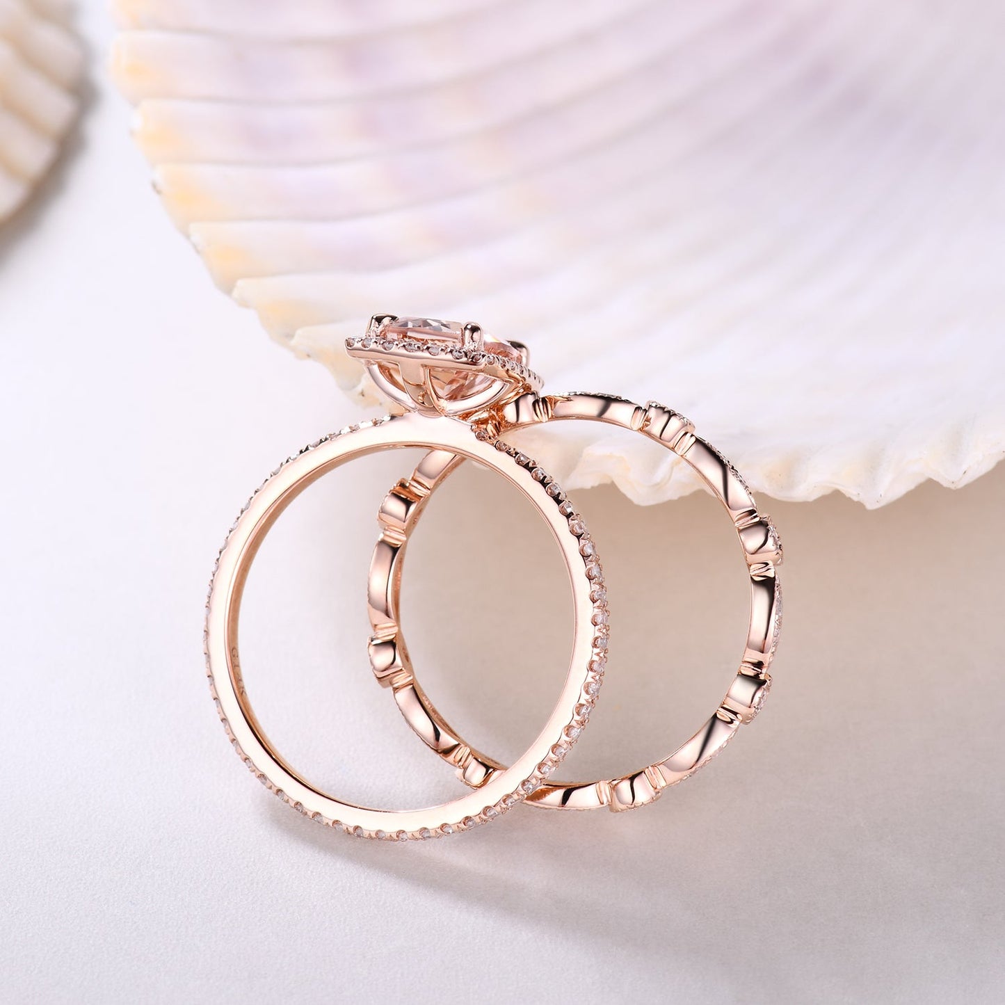 2pcs Delicate Cushion Halo Morganite Bridal Ring Set and Diamond Full Eternity Band