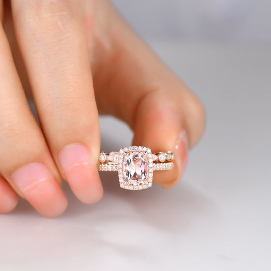2pcs Delicate Cushion Halo Morganite Bridal Ring Set and Diamond Full Eternity Band