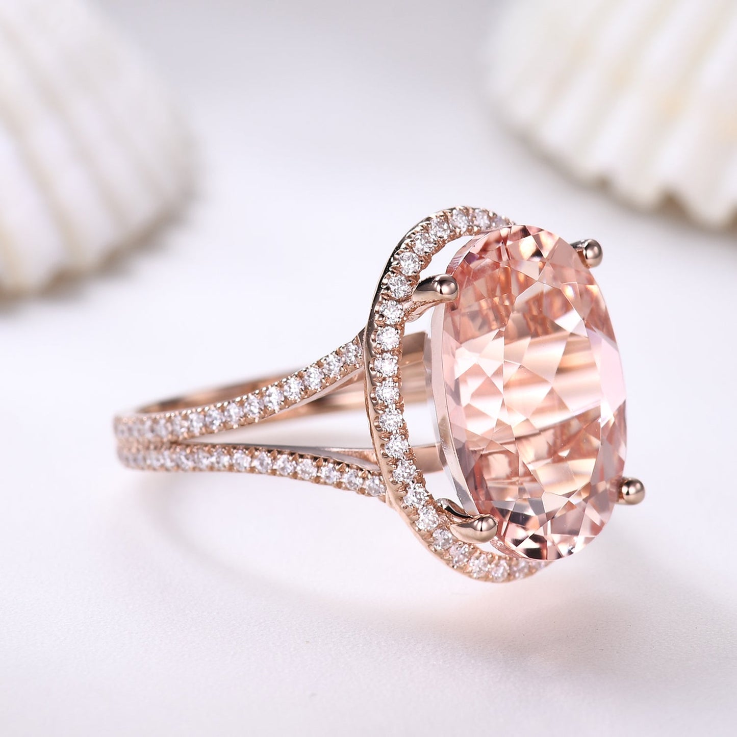 10x14mm Oval Cut Big Morganite Engagement Ring Halo Split Shank Antique Diamond Band