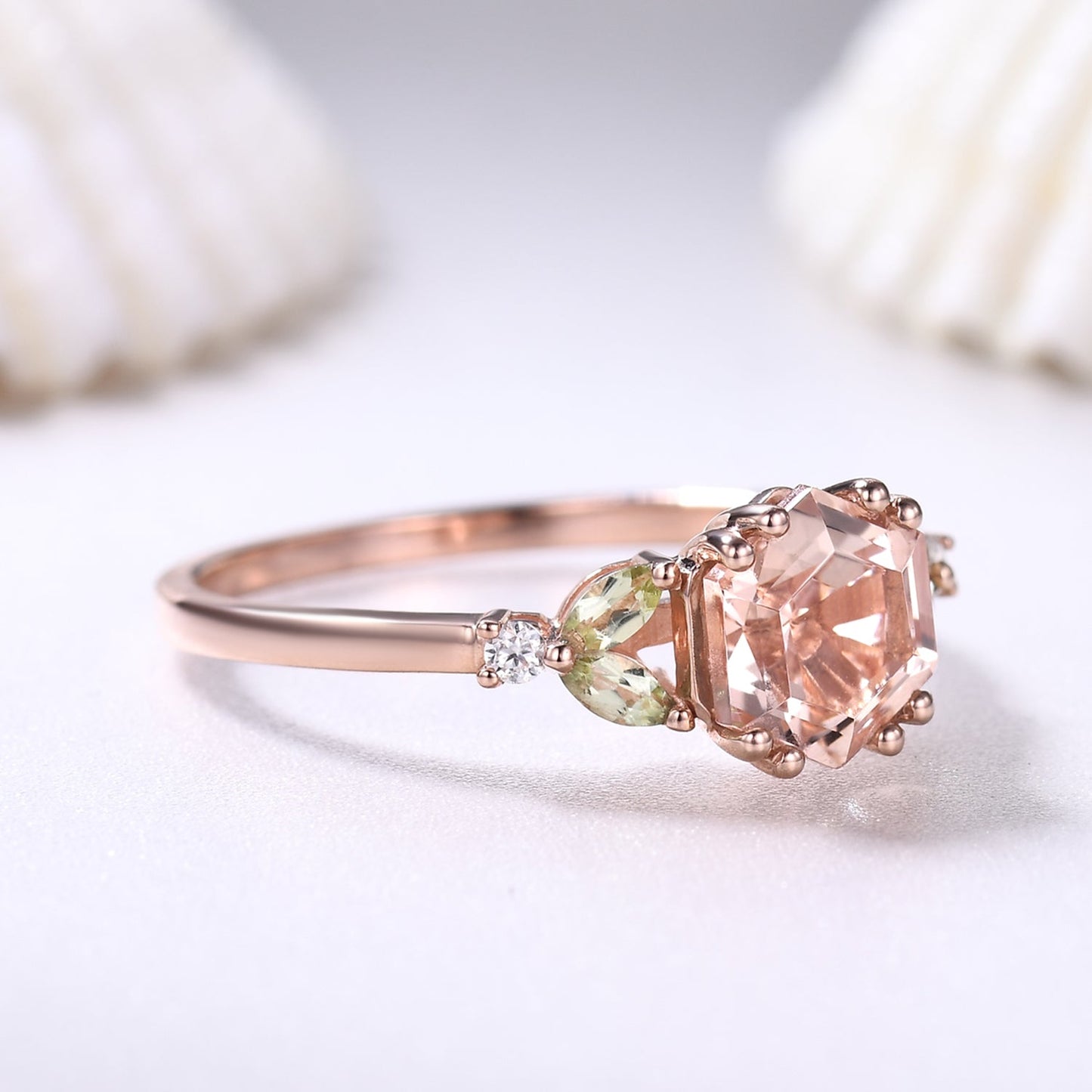 1 carat Vintage Hexagon Cut Morganite Engagement Ring Marquise Peridot Cluster Ring