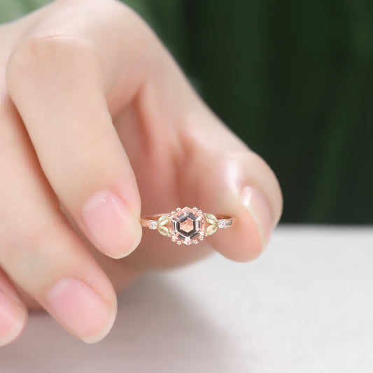1 carat Vintage Hexagon Cut Morganite Engagement Ring Marquise Peridot Cluster Ring