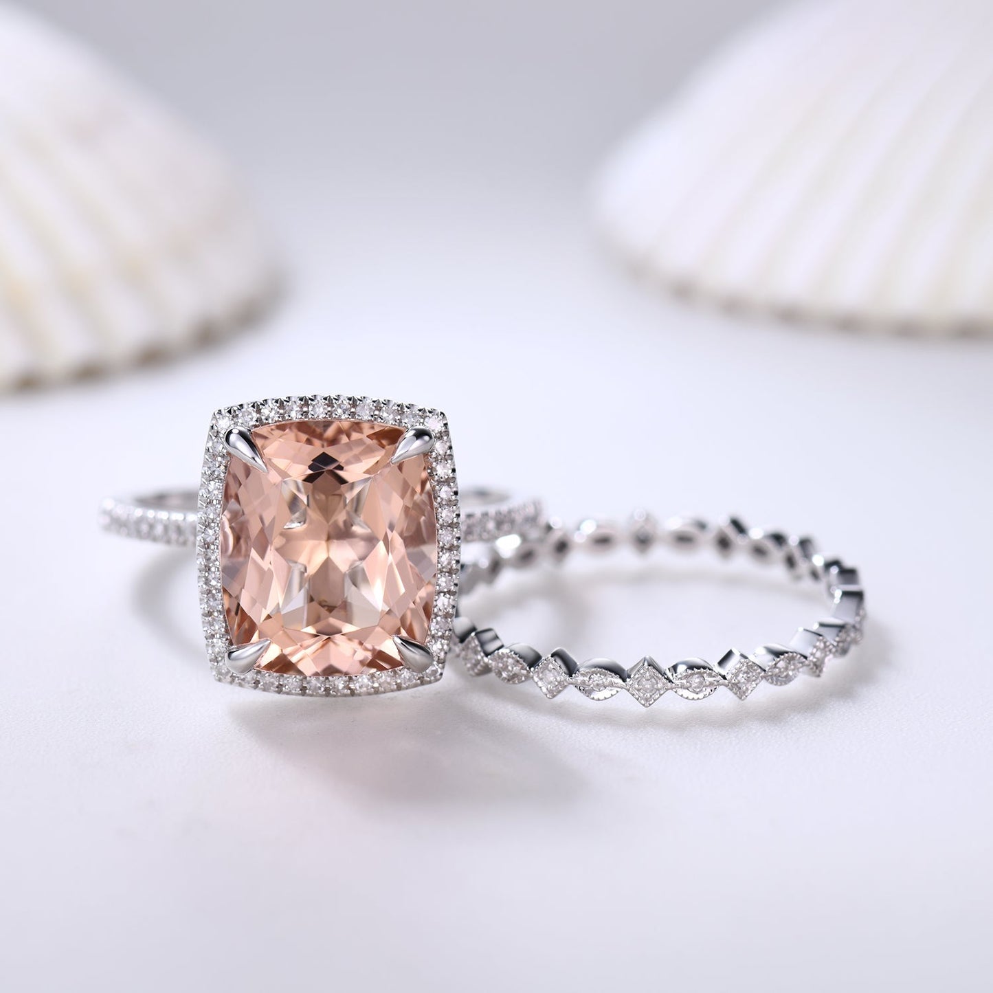 14K White Gold Big Cushion Cut Morganite Engagement Ring Set Art Deco Diamond Band