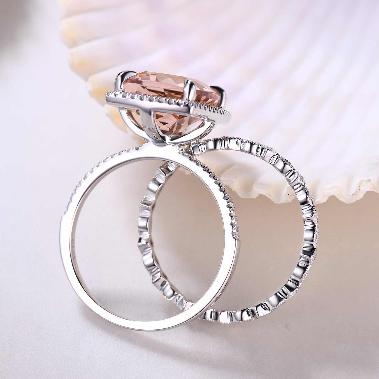 14K White Gold Big Cushion Cut Morganite Engagement Ring Set Art Deco Diamond Band