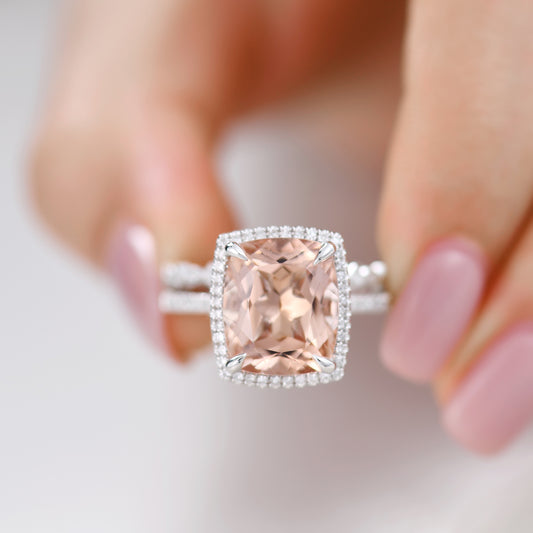 14K White Gold Big Cushion Cut Morganite Engagement Ring Set Art Deco Diamond Band