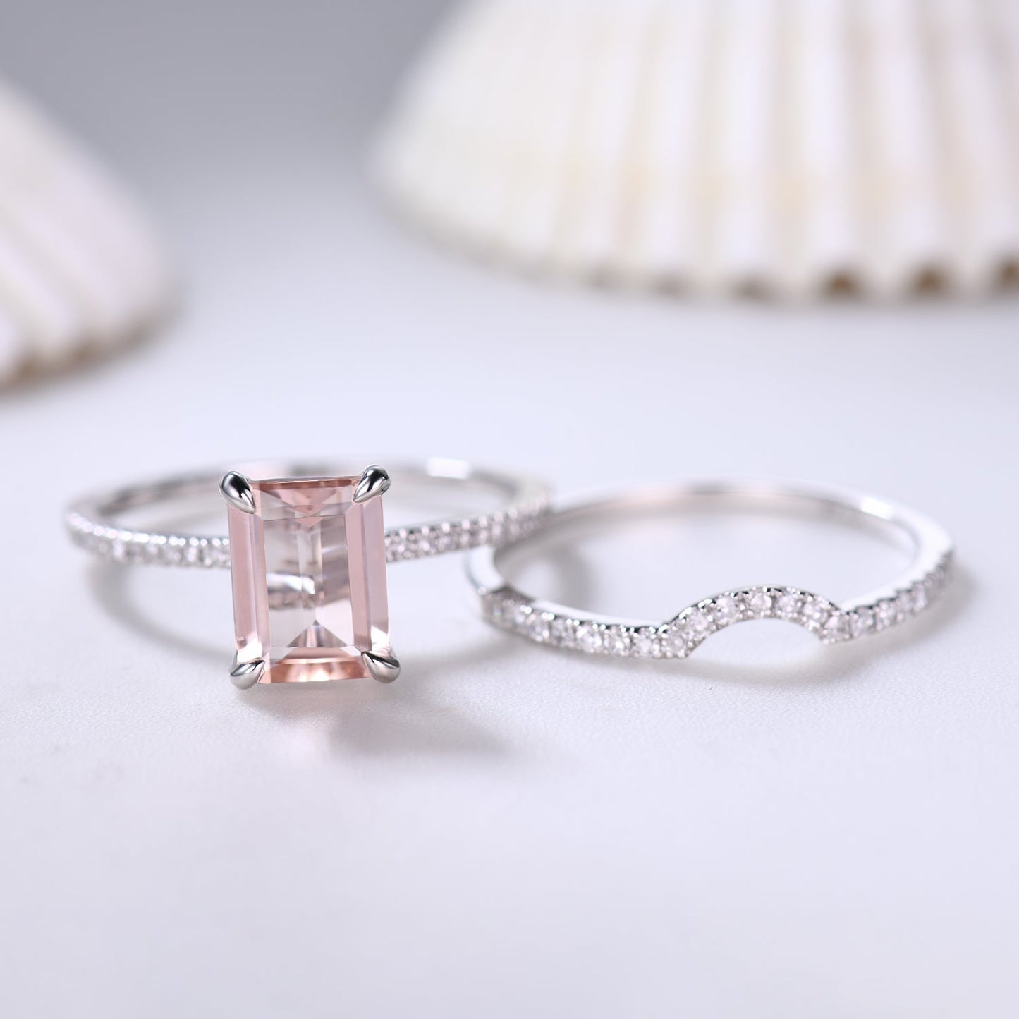 Emerald Cut Hidden Halo Morganite Bridal Ring Set and Curved Diamond Matching Band