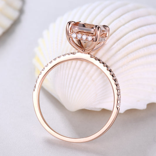 Hidden Halo 6x8mm Emerald Cut Morganite Engagement Ring Rose Gold with Diamond