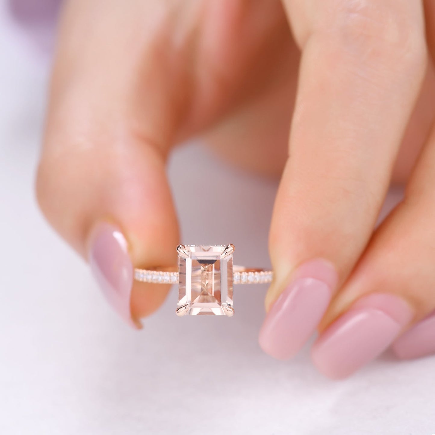 Hidden Halo 6x8mm Emerald Cut Morganite Engagement Ring Rose Gold with Diamond