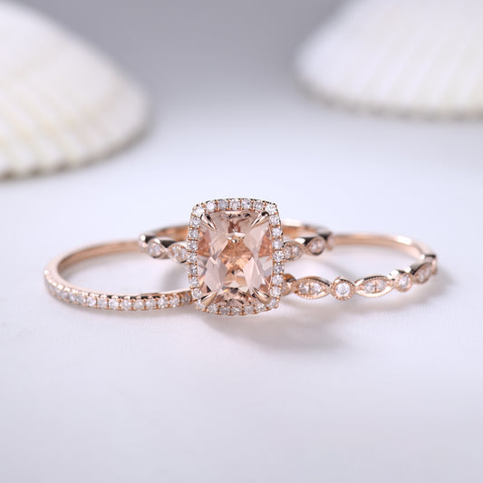 3pcs 7x9mm Cushion Cut Morganite Bridal Ring Set and Diamond Art Deco Wedding Band