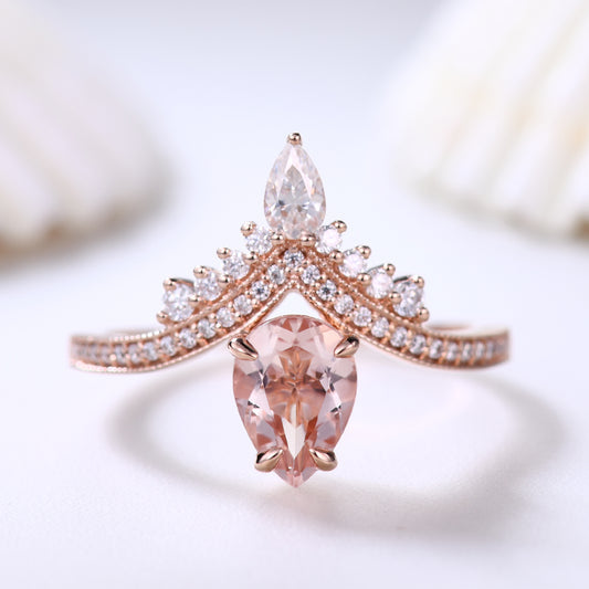 5x7mm Pear Cut Morganite Engagement Ring with Diamond Curved Accents Unique Gift