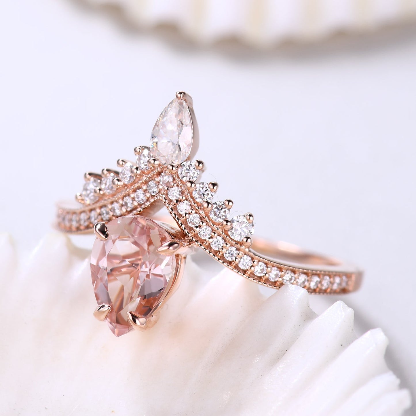 5x7mm Pear Cut Morganite Engagement Ring with Diamond Curved Accents Unique Gift