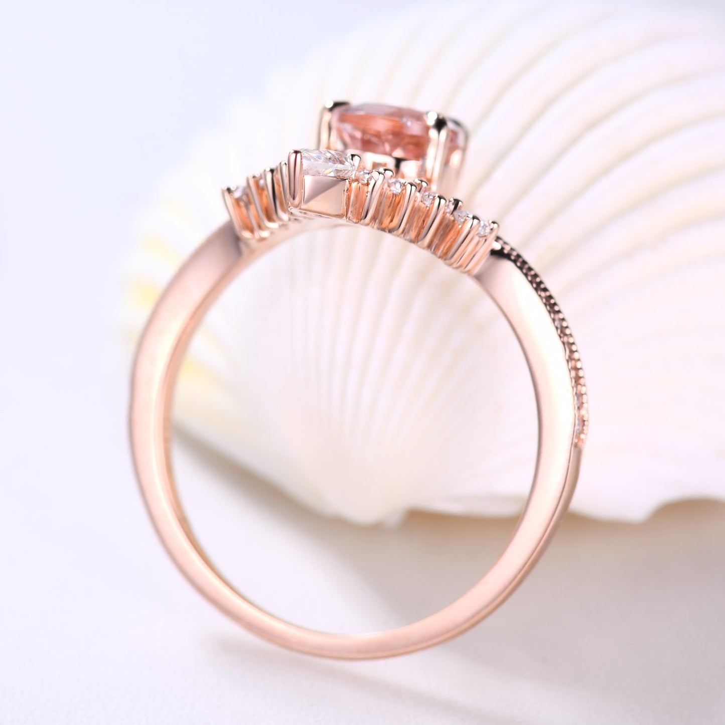 5x7mm Pear Cut Morganite Engagement Ring with Diamond Curved Accents Unique Gift