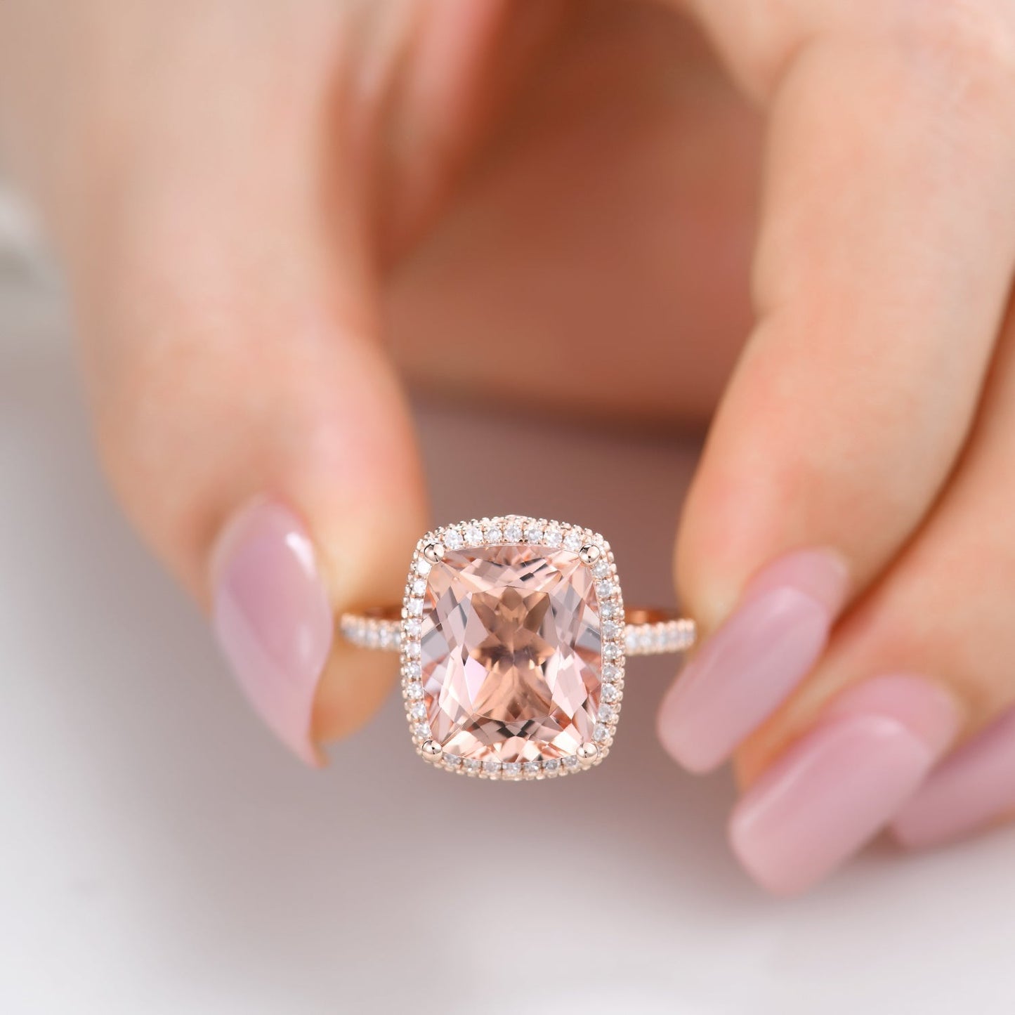 5 Carat Big Morganite Engagement Ring Filigree Halo Diamond Ring in Rose Gold