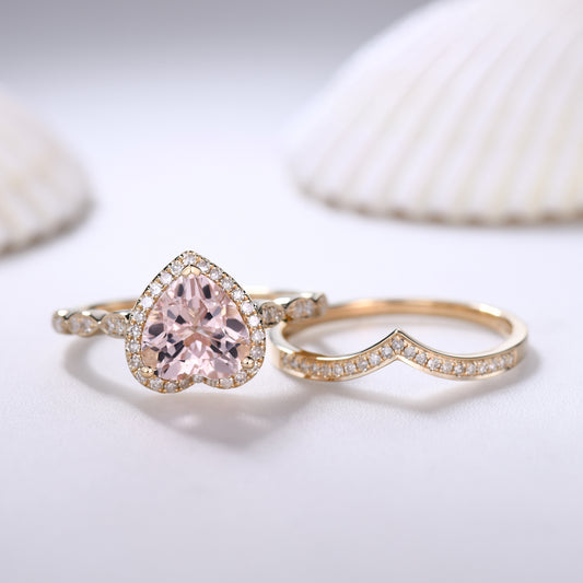1.5 Carat Heart Shaped Morganite Engagement Ring Set Curved Diamond Stacking Band