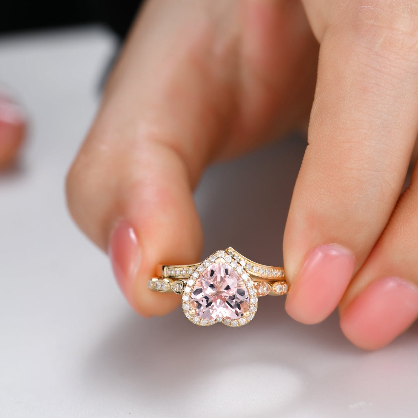 1.5 Carat Heart Shaped Morganite Engagement Ring Set Curved Diamond Stacking Band