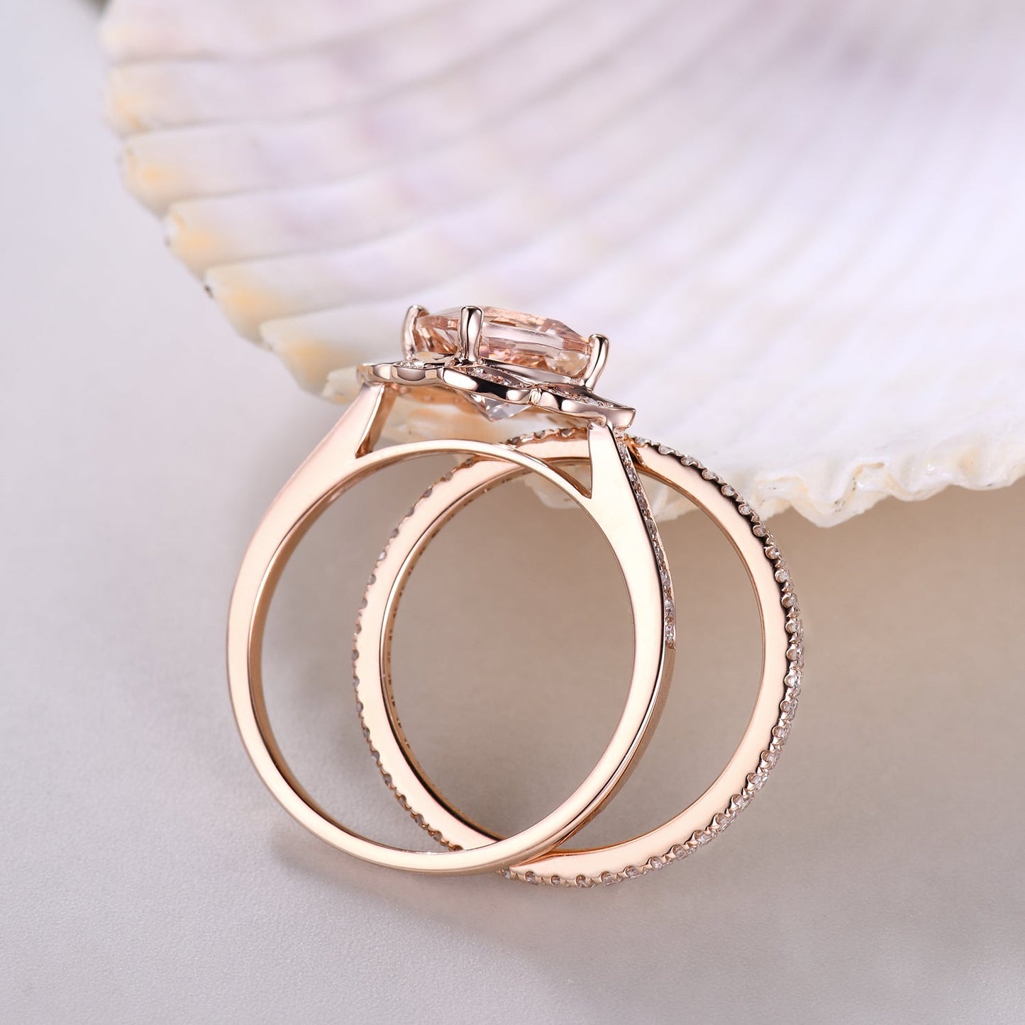 Floral Cushion Cut Morganite Engagement Ring Set and Diamond Full Eternity Band