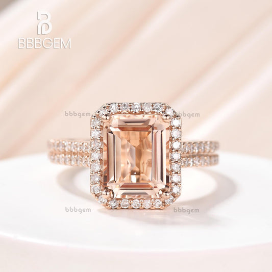 4 Carat Yellow Gold Natural Morganite Diamond Halo Engagement Ring 8x10mm Emerald Cut