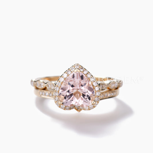 1.5 Carat Heart Shaped Morganite Engagement Ring Set Curved Diamond Stacking Band