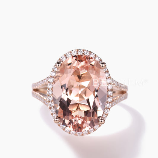 10x14mm Oval Cut Big Morganite Engagement Ring Halo Split Shank Antique Diamond Band