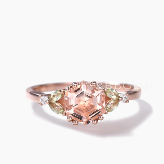 1 carat Vintage Hexagon Cut Morganite Engagement Ring Marquise Peridot Cluster Ring
