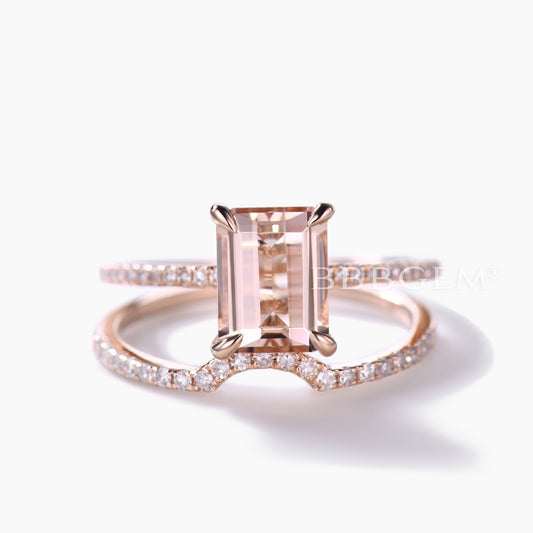 Emerald Cut Hidden Halo Morganite Bridal Ring Set and Curved Diamond Matching Band