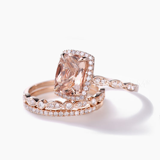 3pcs 7x9mm Cushion Cut Morganite Bridal Ring Set and Diamond Art Deco Wedding Band